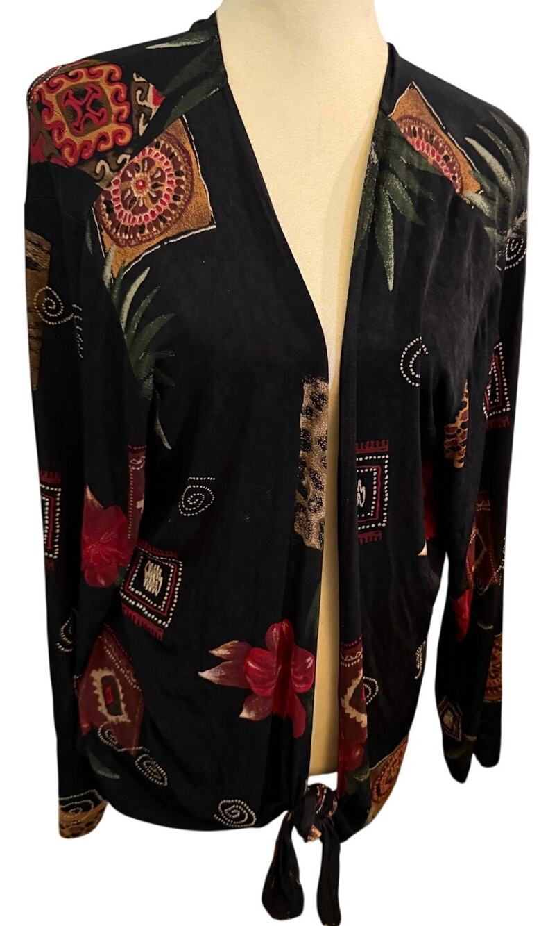 Chico’s Vintage Boho Abstract Floral Open Front Tie Cardigan, Women's Size XL